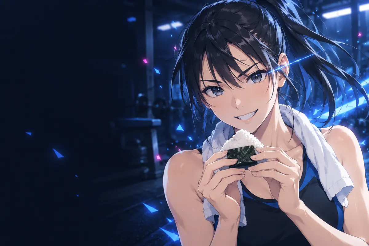 走りきったあと、おにぎりを手にした女性アスリートのイラスト